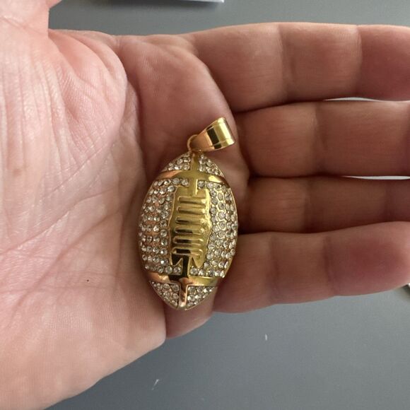 Football Pendant Chain Stainless Steel Super Bowl Gift Men’s Cubic Zirconia Gold - Picture 4 of 6